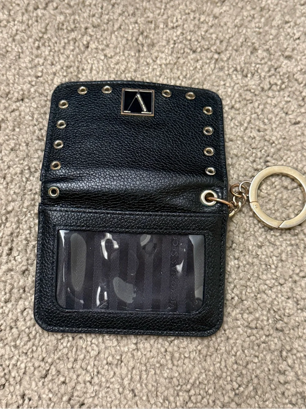 Victoria's Secret Black Leather Card Holder Key Ring with Gold Accents